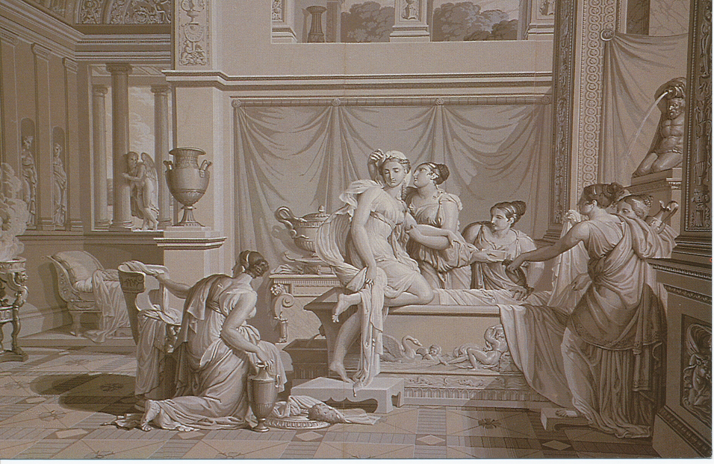 Histoire de Psyché, manufacture Joseph Dufour, 1815, réedition Desfossé et Karth, lés 5-8 : le bain de Psyché.