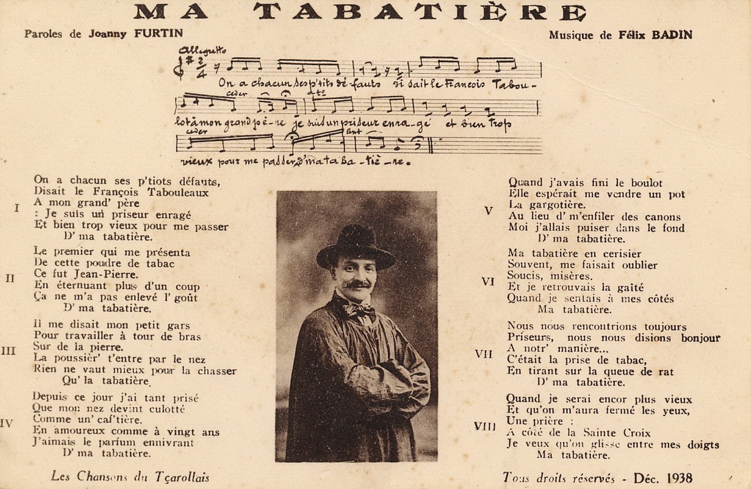 Les chansons du tçarollais : Ma Tabatière, paroles de Joanny Furtin et musique de Félix Badin.
