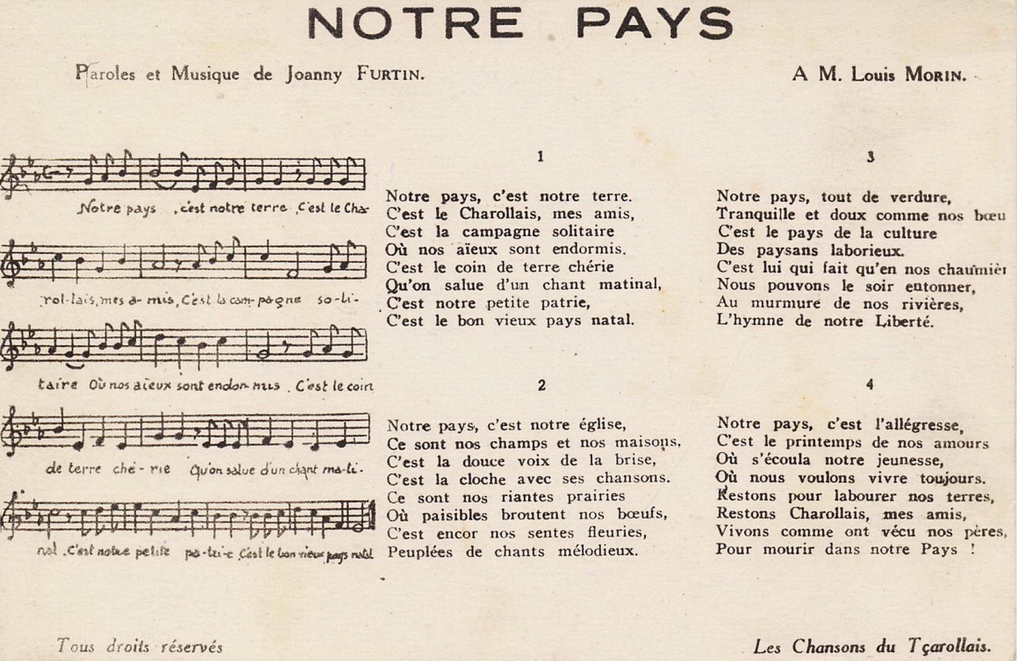 Les chansons du tçarollais : Notre pays, paroles et musique de Joanny Furtin.