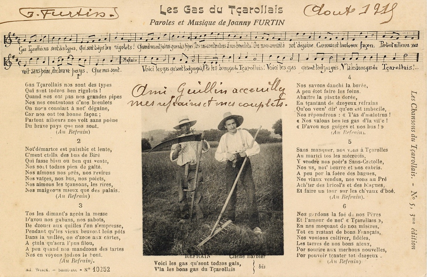 Les chansons du tçarollais, n° 5, 3e édition : Les Gars du tçarollais, paroles et musique de Joanny Furtin.