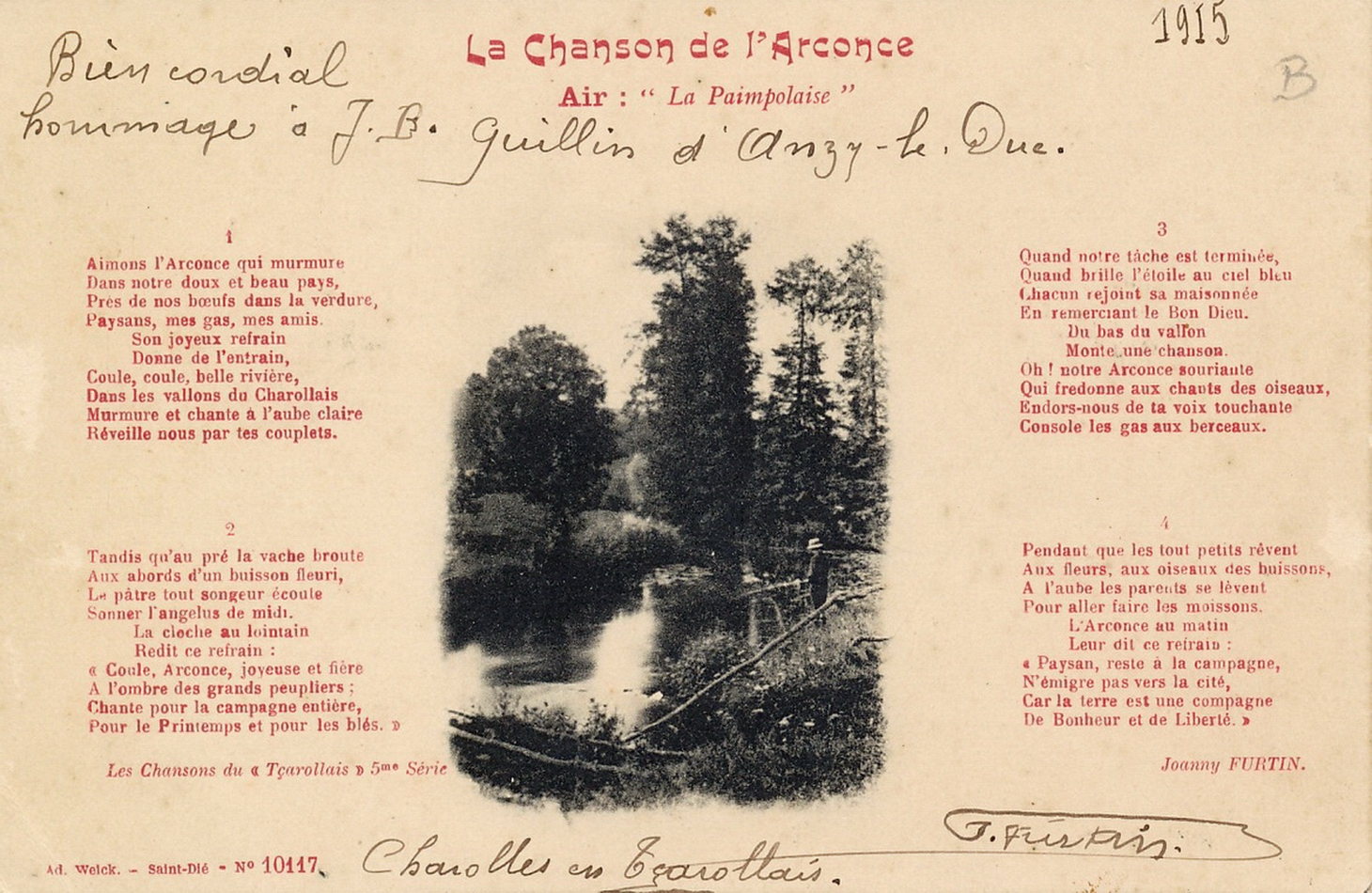 Les chansons du tçarollais, 5e série : La Chanson de l'Arconce, paroles de Joanny Furtin.