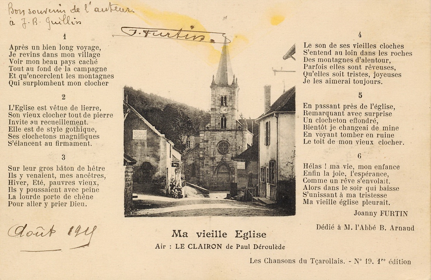 Les chansons du tçarollais, n° 19, 1ère édition : Ma vieille église, paroles de Joanny Furtin ; air : le clairon de Paul Déroulède. Dédié à l'abbé B. Arnaud.