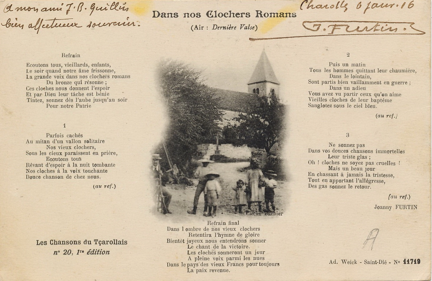 Les chansons du tçarollais, n° 20, 1ère édition : Dans nos clochers romans, air : dernière valse, paroles de Joanny Furtin.