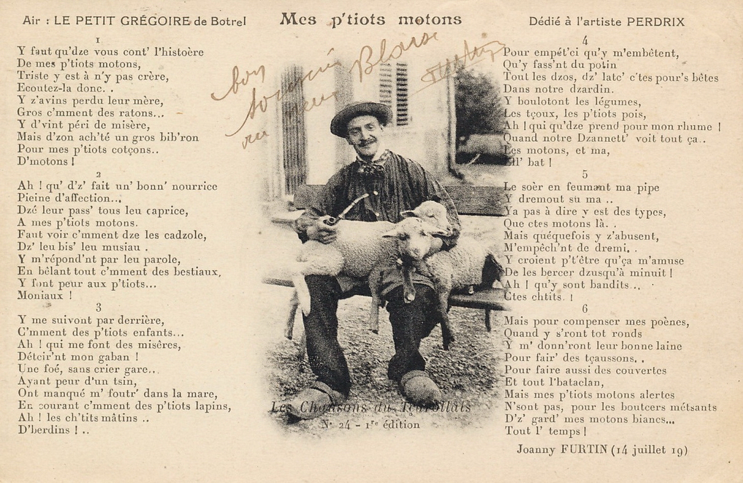 Les chansons du tçarollais, n°24, 1ère édition : Mes p'tiots motons, paroles de Joanny Furtin. Dédié à l'ami Perdrix. Air Le petit Grégoire de Botrel.