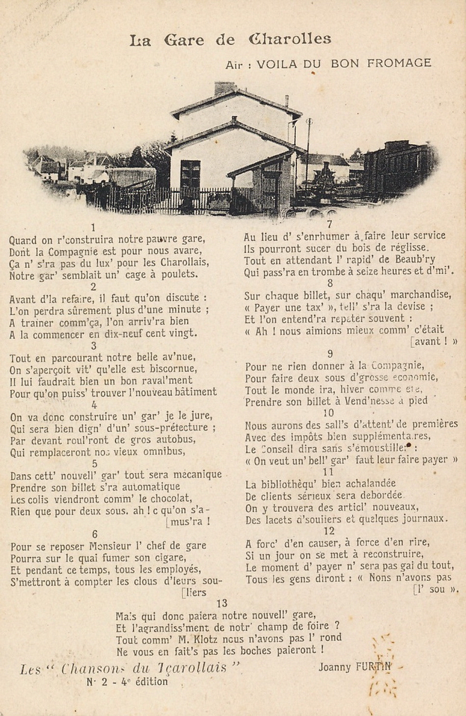 Les chansons du tçarollais, n° 2, 4e édition : La Gare de Charolles, paroles de Joanny Furtin.