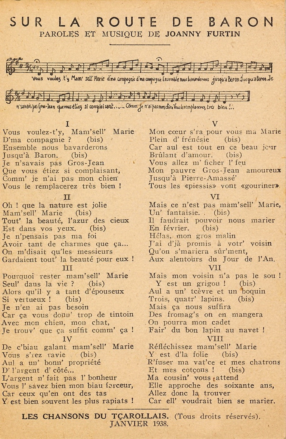 Les chansons du tçarollais, Sur la route de baron, paroles et musique de Joanny Furtin.