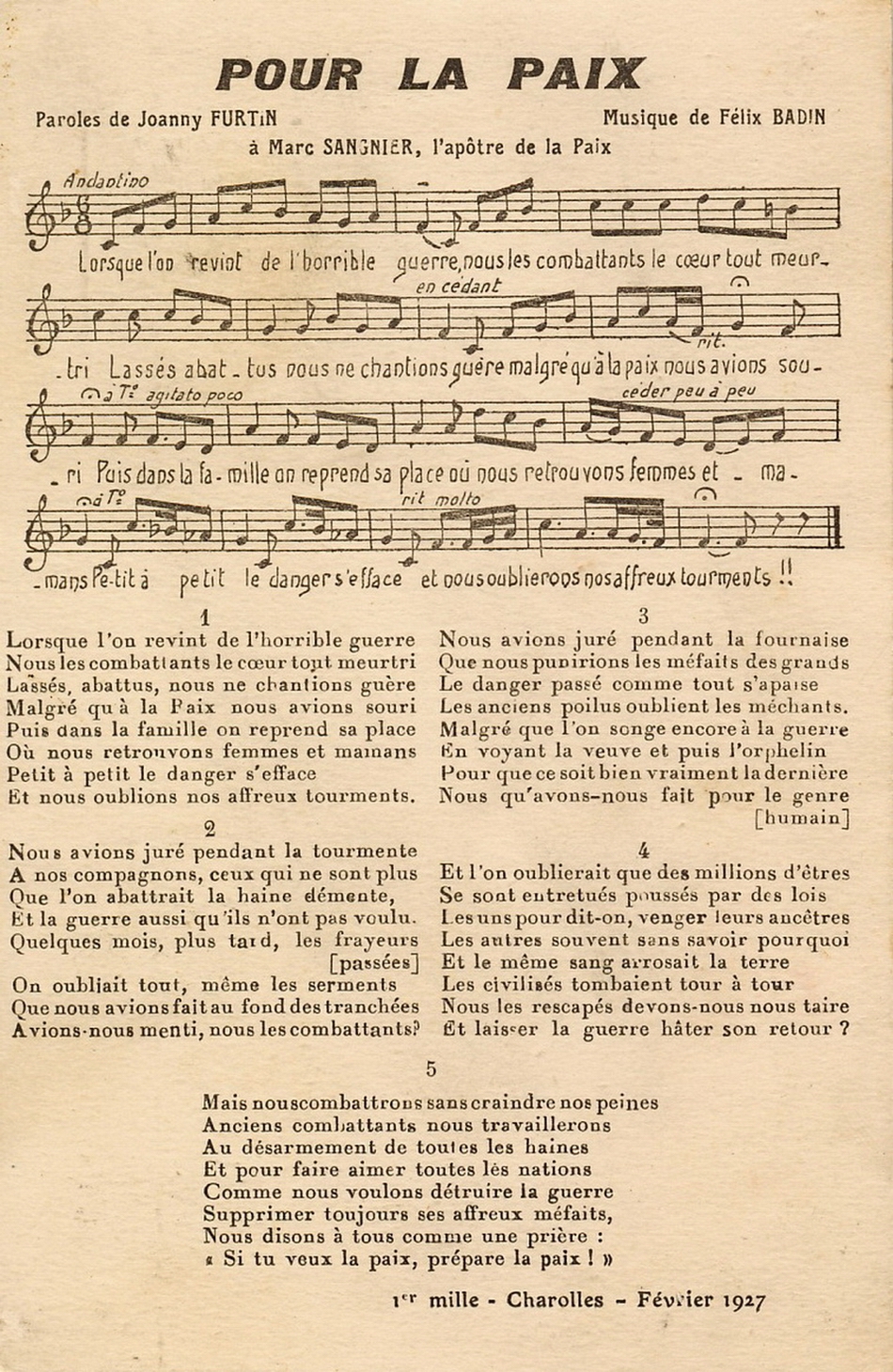 Pour la paix, chanson de Joanny Furtin, musique de Félix Badin.