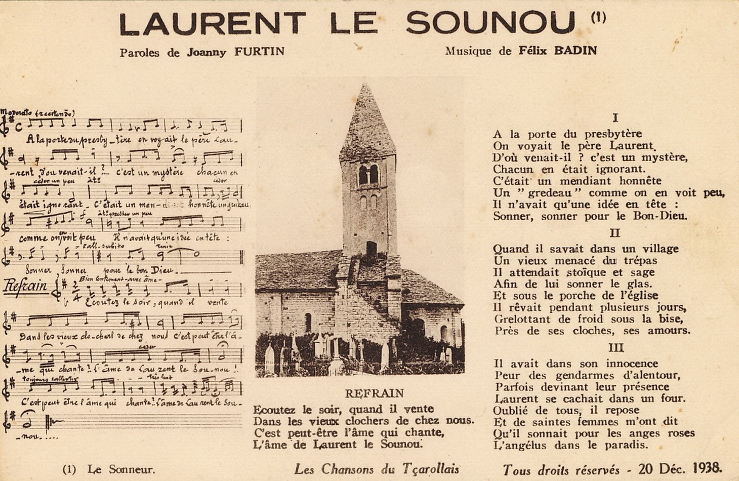 Les chansons du tçarollais : Laurent le Sounou, paroles de Joanny Furtin, musique de Félix Badin.