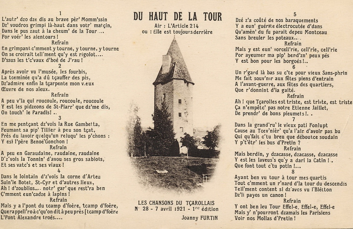 Les chansons du tçarollais, n° 28, 7 avril 1921, 1ère édition de Joanny Furtin.